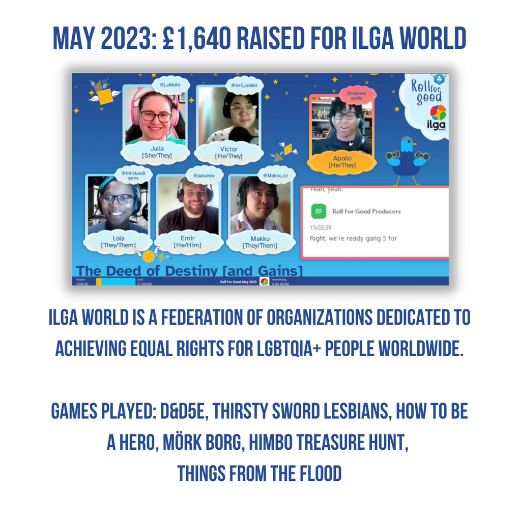 Screenshot of a streamed TTRPG actual play. 6 participants in individual video frames. Text: The Deed of Destiny [and Gains]. Logos: RFG