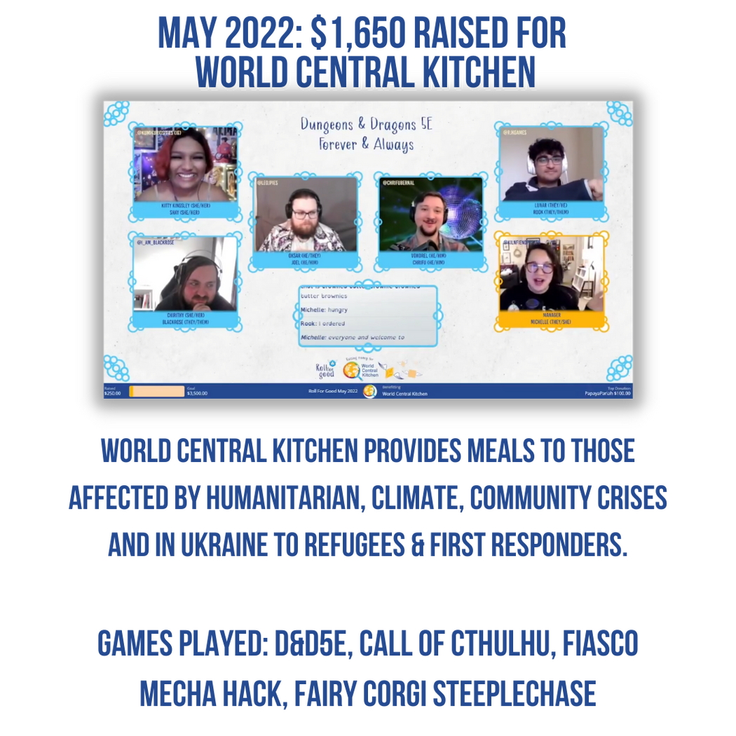 Screenshot of a streamed TTRPG actual play. 6 participants in individual video frames. White background with blue frames. Text: Dungeons & Dragons 5E Forever & Always. Logos: RFG and World Central Kitchen