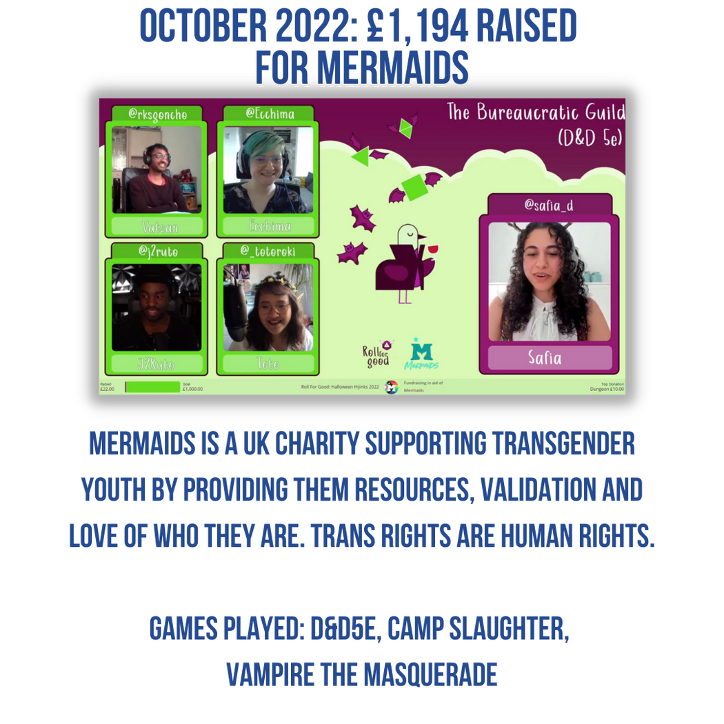 Screenshot of a streamed TTRPG actual play. 5 participants in individual video frames. Magenta background with light green clouds. Text: The Bureaucratic Guild D&D5e. Logos: RFG and Mermaids
