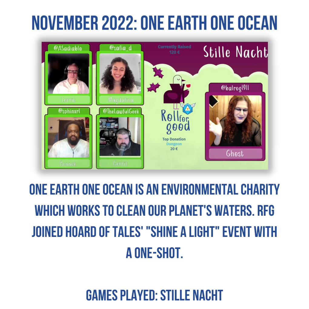 Screenshot of a streamed TTRPG actual play. 5 participants in individual video frames. Magenta background with light green clouds. Text: Stille Nacht. Logos: RFG