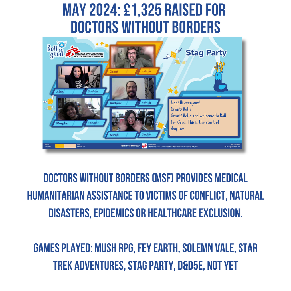 Screenshot of a streamed TTRPG actual play. 5 participants in individual video frames. Text: Roll For Good - Medicins Sans Frontieres, Doctors Without Borders. Stag Party